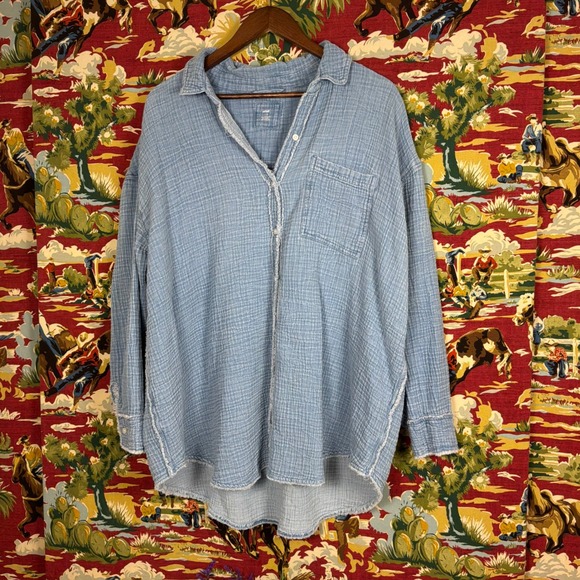 aerie Tops - Aerie Button Down Shirt Womens Large Blue Excellent Gauze Cotton Oversized